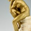 Art Deco bronzen sculptuur zittend naakt op zuil