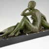 Art Deco sculptuur vrouw met twee panters