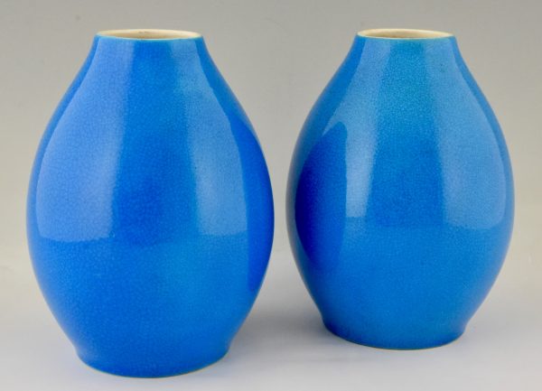 Pair of Art Deco vases blue crackled ceramic