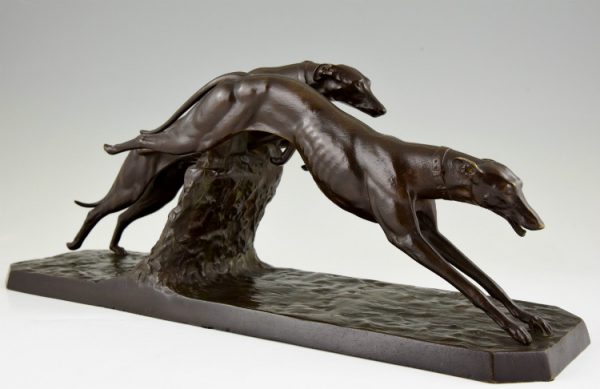 Art Deco Bronze Skulptur Hunde Rennen Windhund