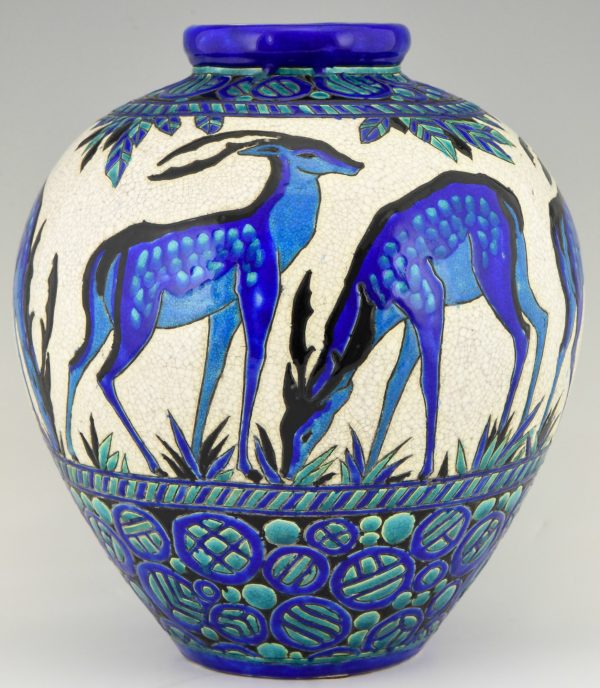 Art Deco vase céramique biches bleues 37 cm