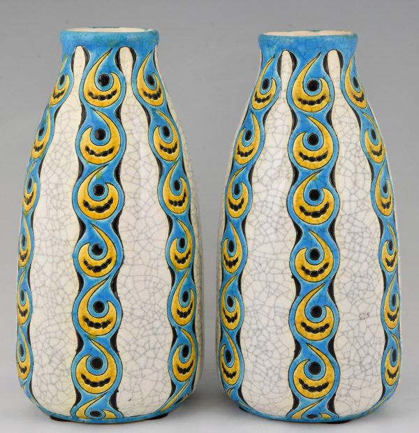 Vases Art Déco en craquelé blanc, jaune et turquoise