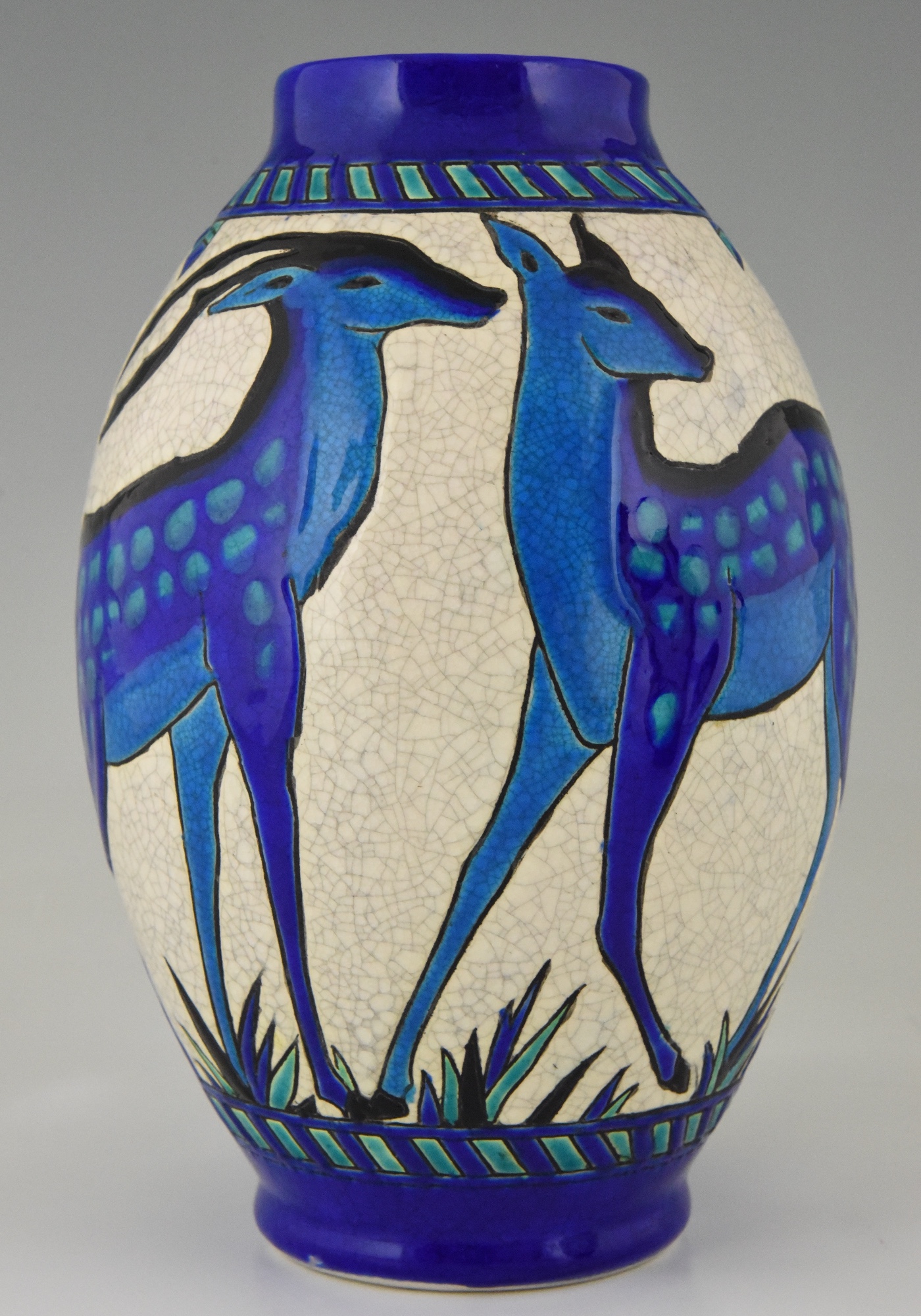 Paire de vases Art Deco ceramique craquelé biches bleues - Deconamic