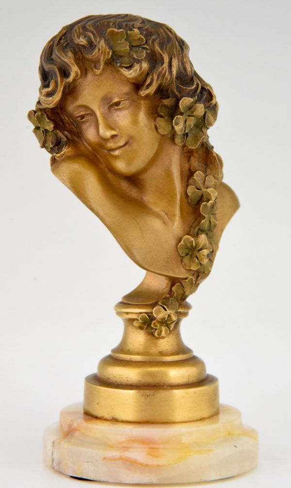 Jugendstil Bronze Skulptur Frauenbüste mit Blumen