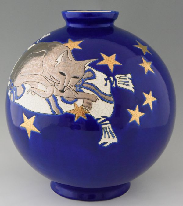Grosse Kugel Vase mit Katze, Mond und Sterne