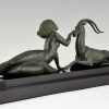 Art Deco sculptuur naakte vrouw met gazelle, Seduction.