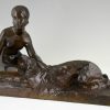 Art Deco sculpture bronze femme nue au lévrier barzoï