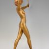 Art Deco gilt bronze sculpture of a nude with two swords.