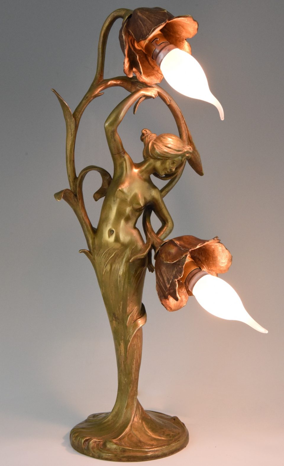 Art Nouveau Bronze Lamp Nude Lady With Flowers Deconamic