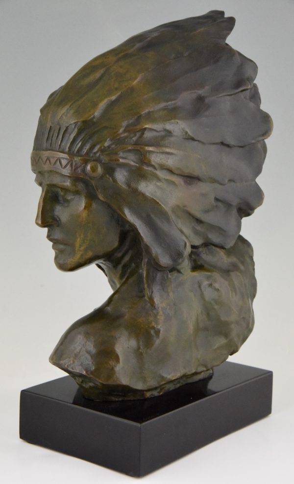 Art Deco sculpture bronze buste d’Indien avec coiffe