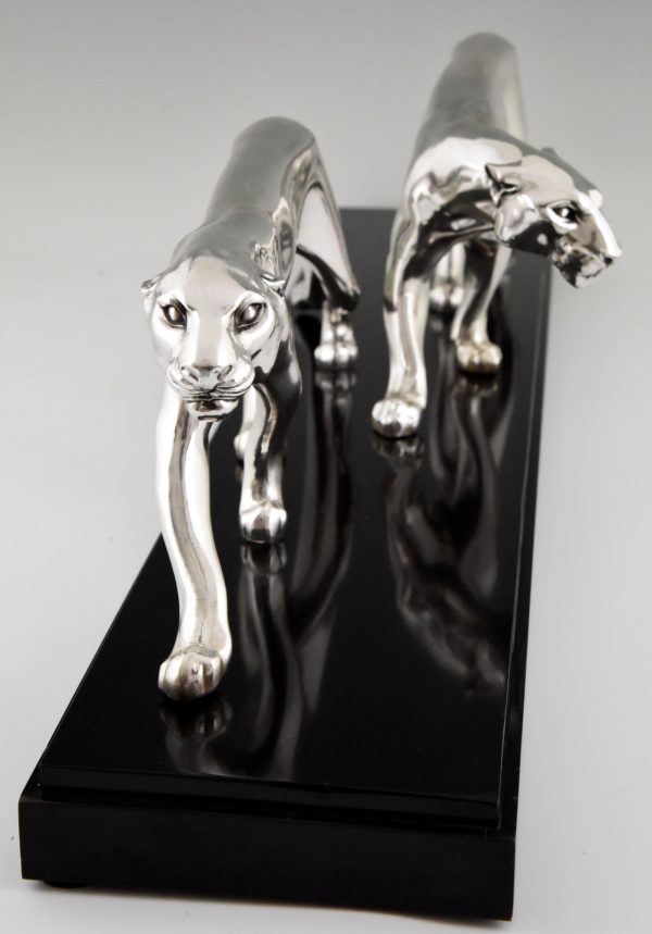 Art Deco sculpture metal argenté deux panthères