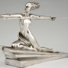 Amazon Art Deco silvered bronze sculpture of a nude with spear