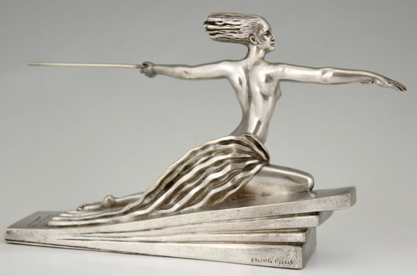 Amazon Art Deco silvered bronze sculpture of a nude with spear