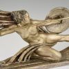 Amazone Art Deco bronzen sculptuur naakte vrouw met speer