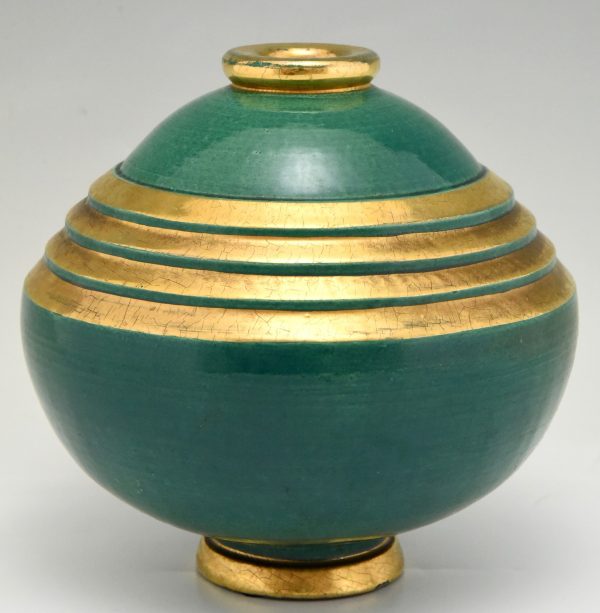 Vase Art Deco céramique vert et or