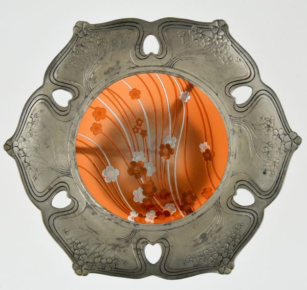Art Nouveau tray with etched and enameled glass inlay