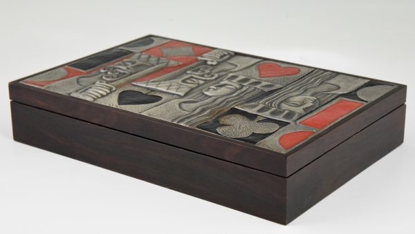 Card playing box 1960 sterling silver, enamel and wood