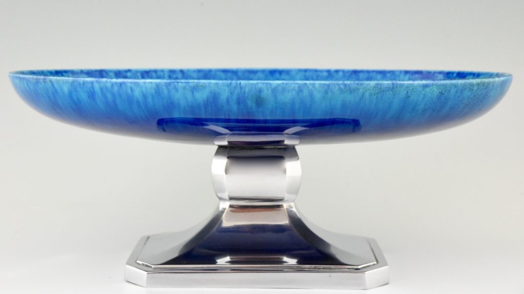 Art Deco Blue Ceramic And Chrome Fruit Dish Deconamic