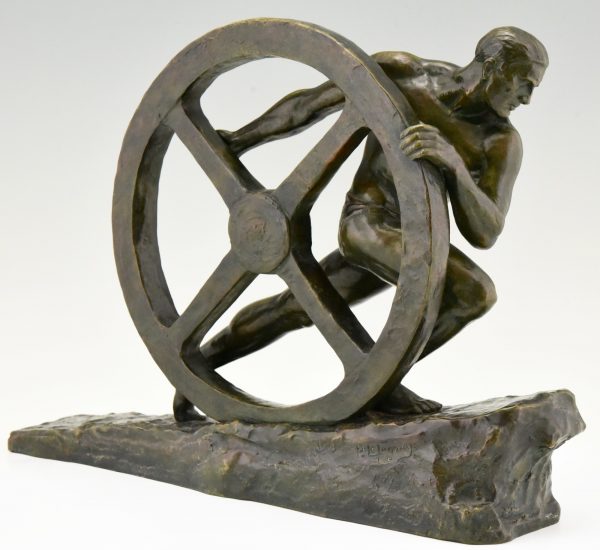 Art Deco Bronze Skulptur Mannlicher Akt mit Rad