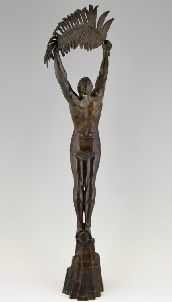 Art Deco bronzen beeld atleet met palmtak