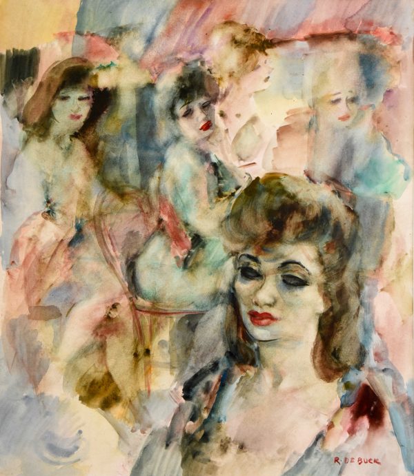 Art Deco watercolor painting elegant ladies in a bar.