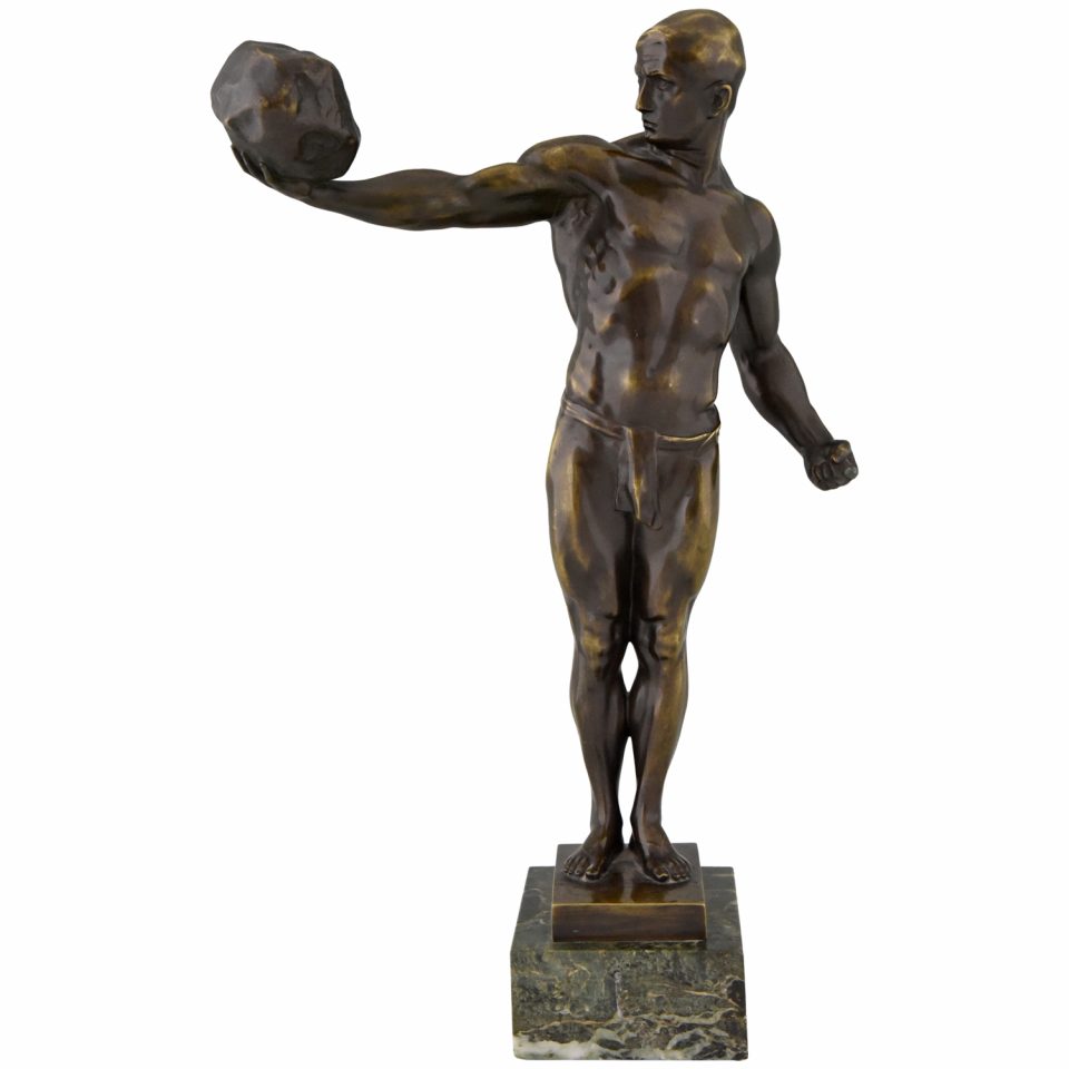 Antique Bronze Sculpture Athletic Male Nude With Stone Deconamic