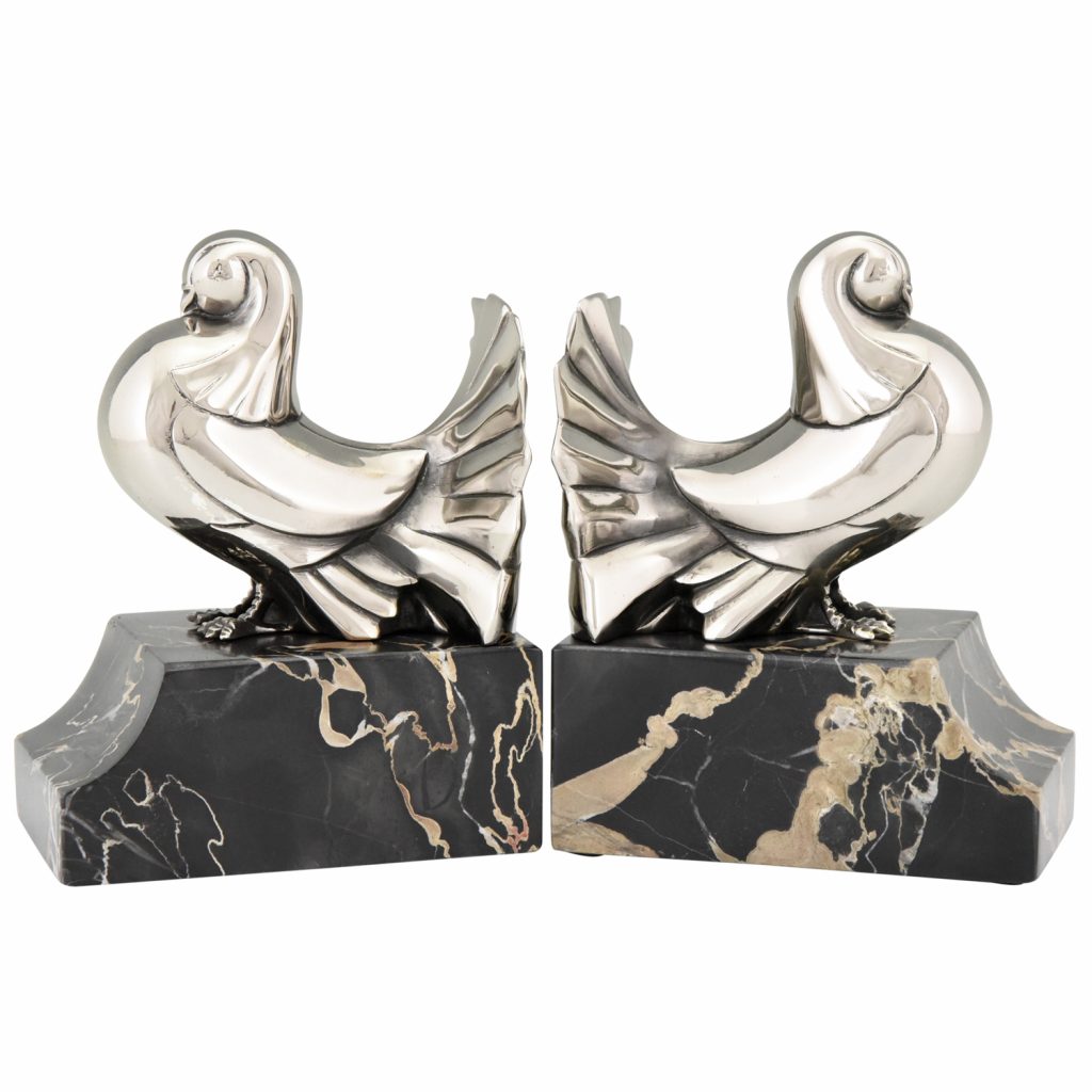 Art Deco Silvered Bronze Dove Bookends Deconamic