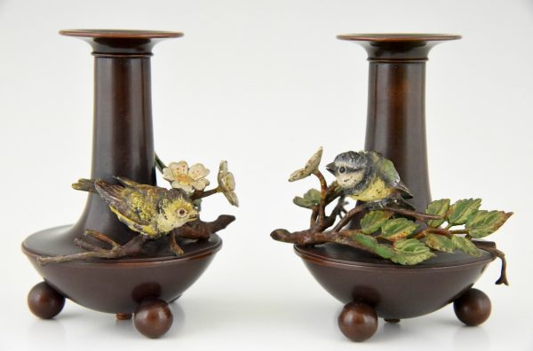 Antieke bronzen bureauset, inktpot & vazen met vogels