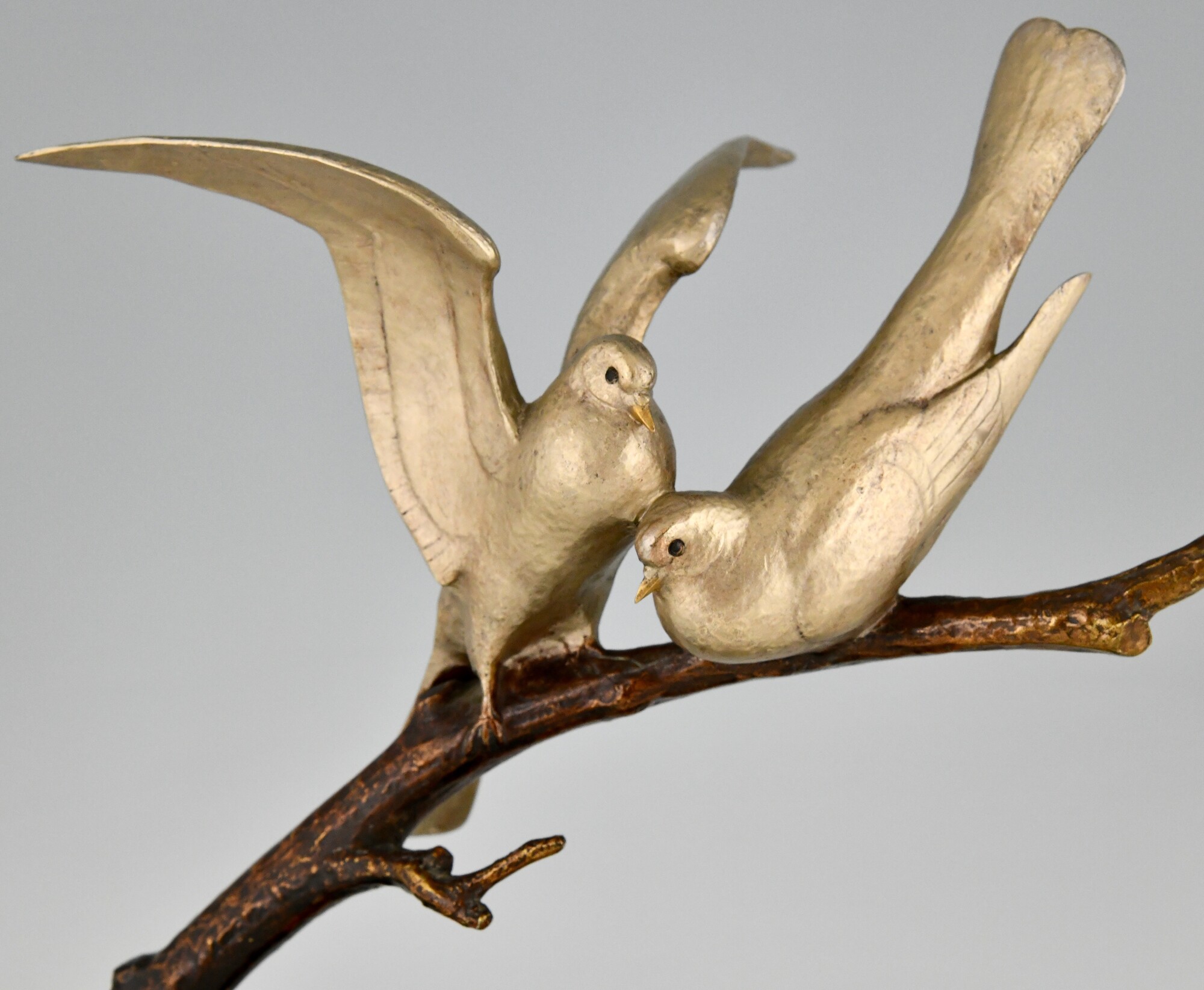 Miniatuur Authenticatie long Art Deco sculptuur in brons vogels op tak - Deconamic