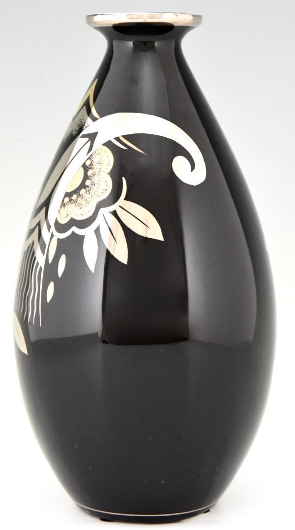 Vase Art Deco en céramique  noir, or et argent