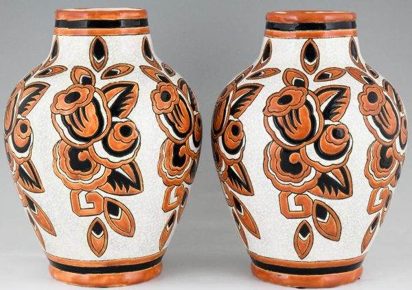 Pair Art Deco ceramic craquelé vases with flowers