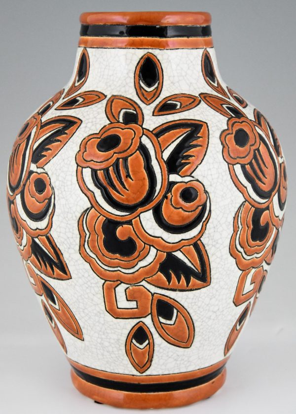 Pair Art Deco ceramic craquelé vases with flowers