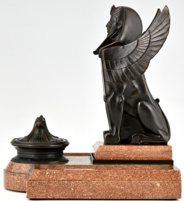Art Deco inktpot met Sfinx en adelaar bronze en marmer