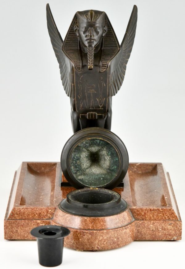 Art Deco inktpot met Sfinx en adelaar bronze en marmer
