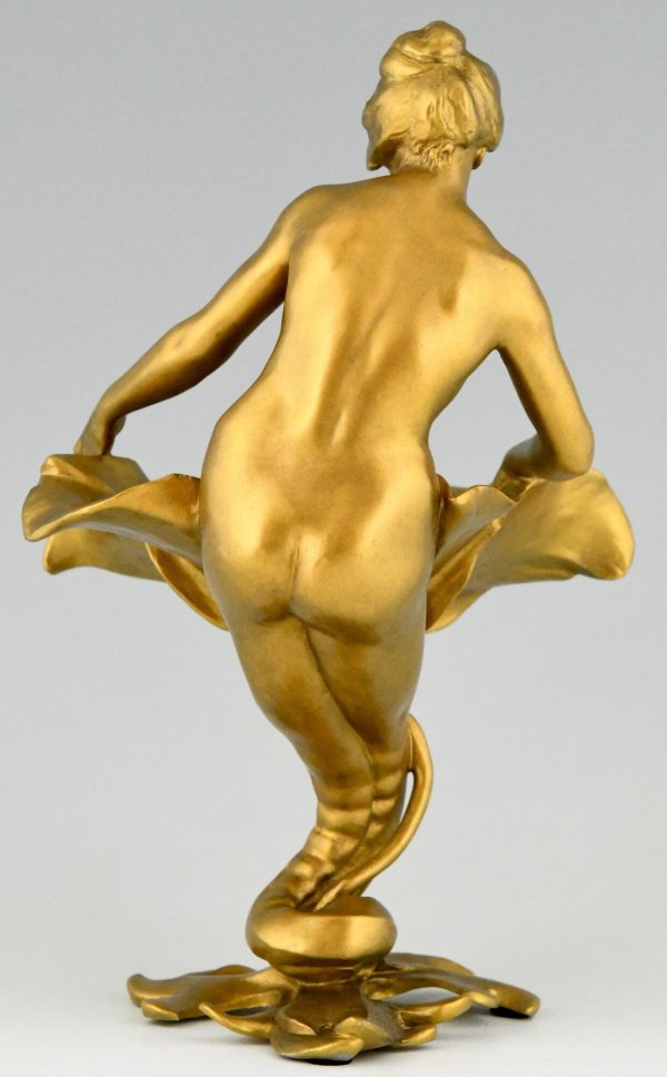 Art Nouveau sculptural tray nude mermaid with flower