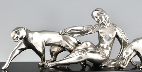Art Deco bronze sculpture lady with two panthers