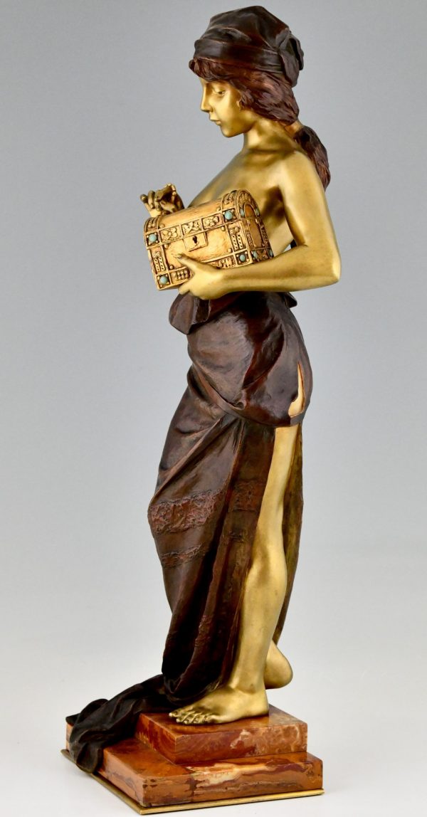 Art Nouveau bronze sculpture standing lady with jewelry casket