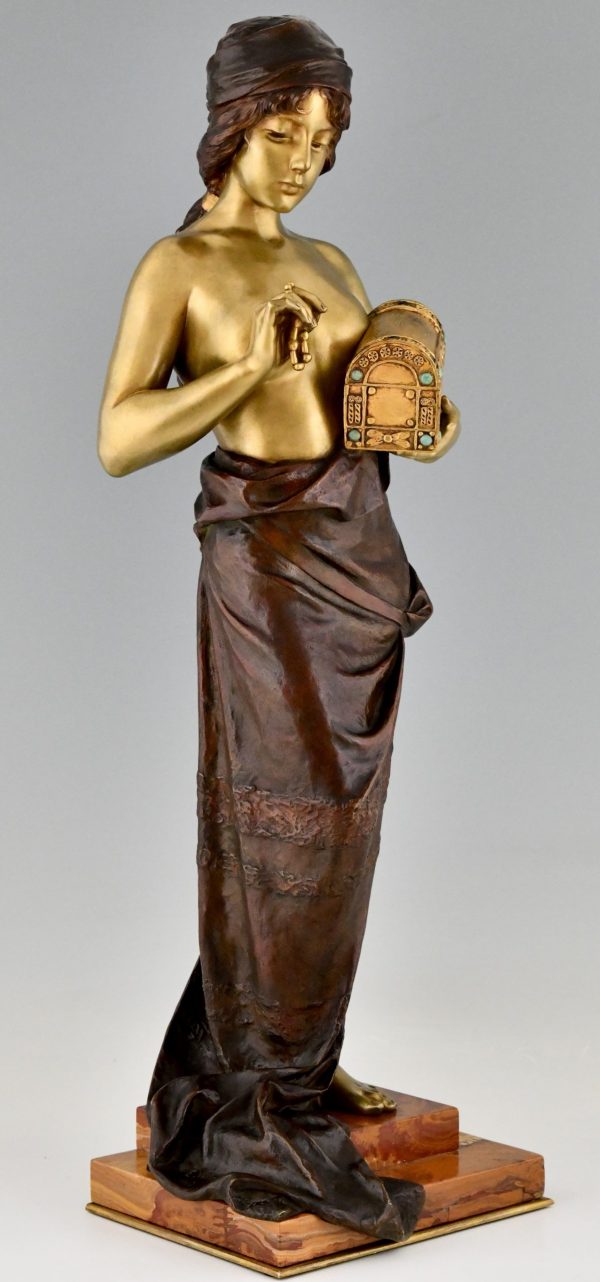 Art Nouveau bronze sculpture standing lady with jewelry casket