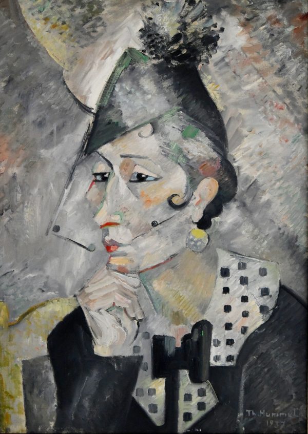 Cubist painting of a woman with hat.