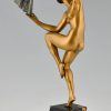 Art Deco Sculpture en bronze danseuse nue à l’éventail 