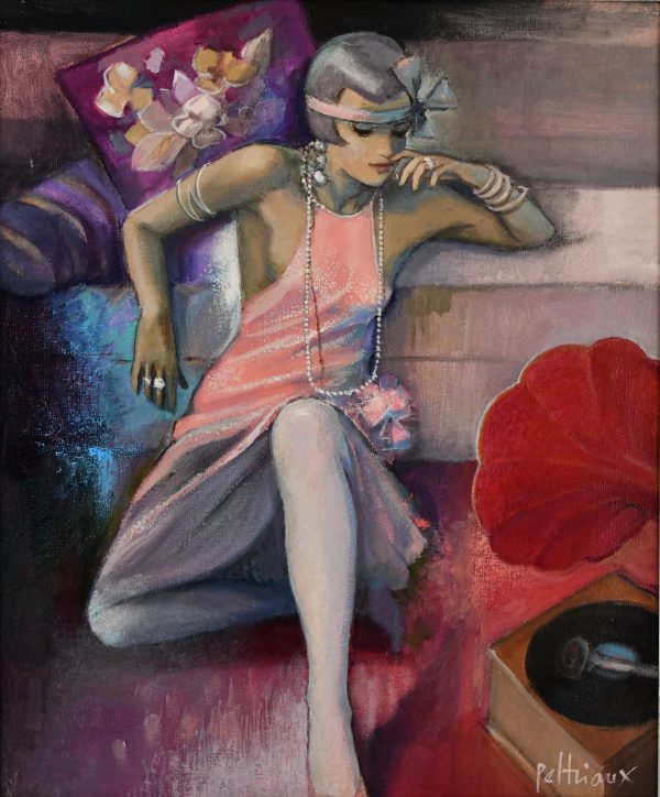 Peinture de style art déco femme en robe rose