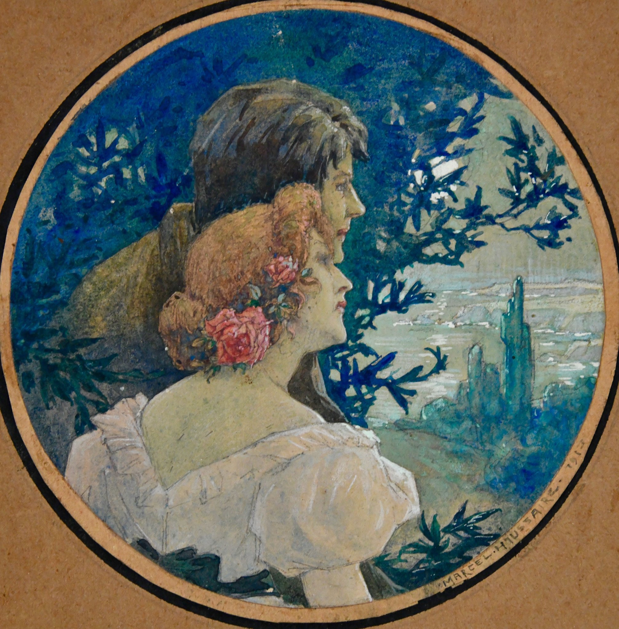 Art Nouveau watercolor painting of a couple in a landscape. - Deconamic