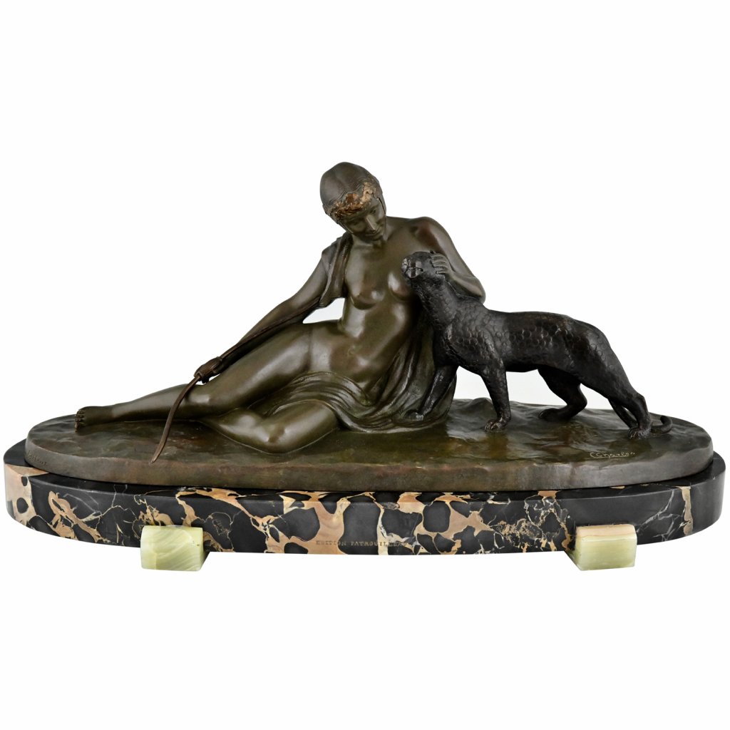 Art Deco bronze sculpture lady with panther - Deconamic