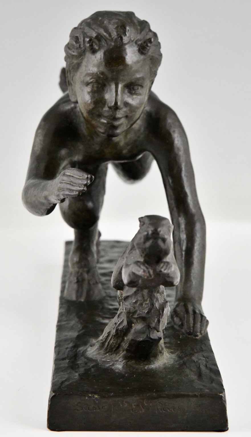 Art Deco bronze sculpture faun and squirrel. - Deconamic