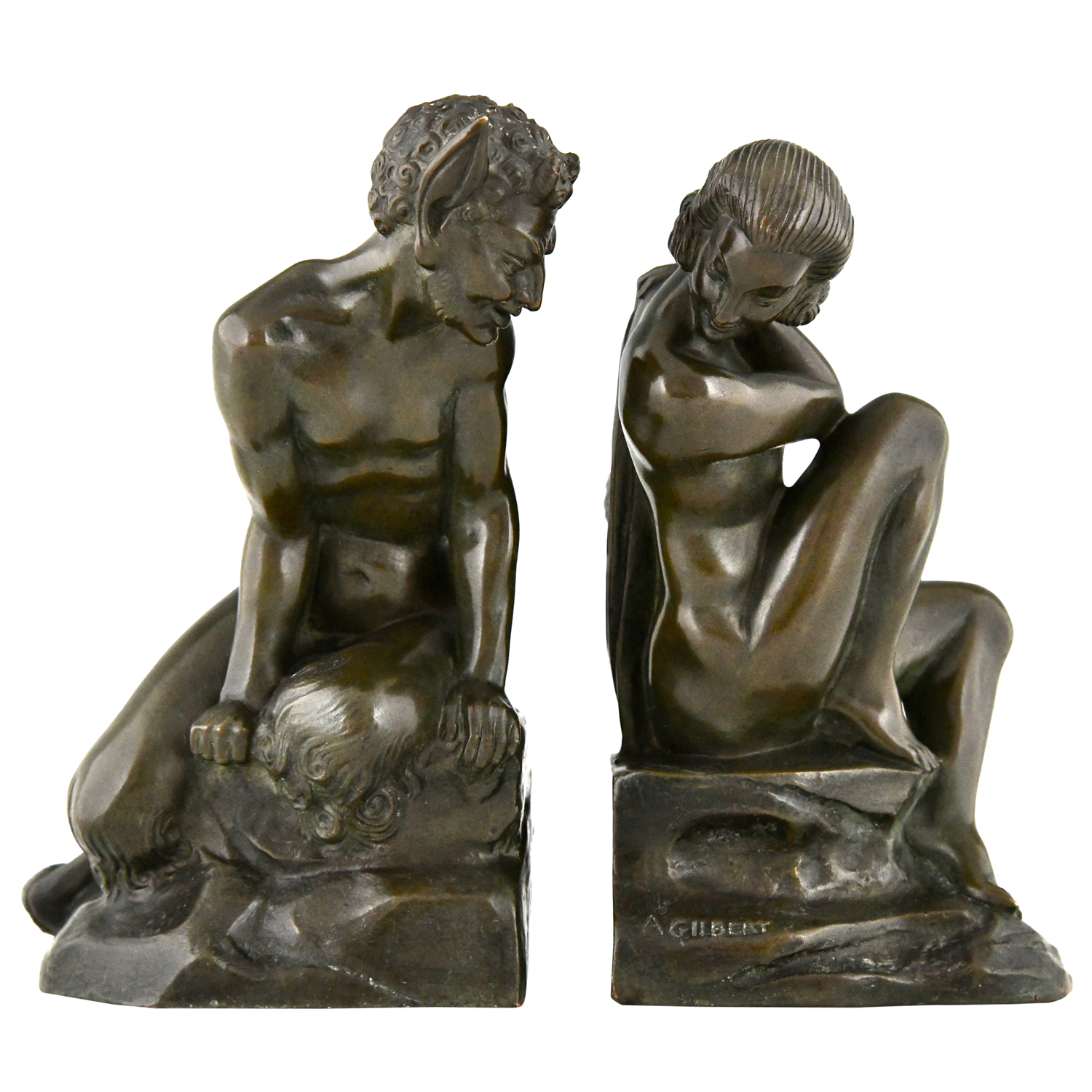 Art Deco bronze bookends by Gilbert with faun and nude - 1