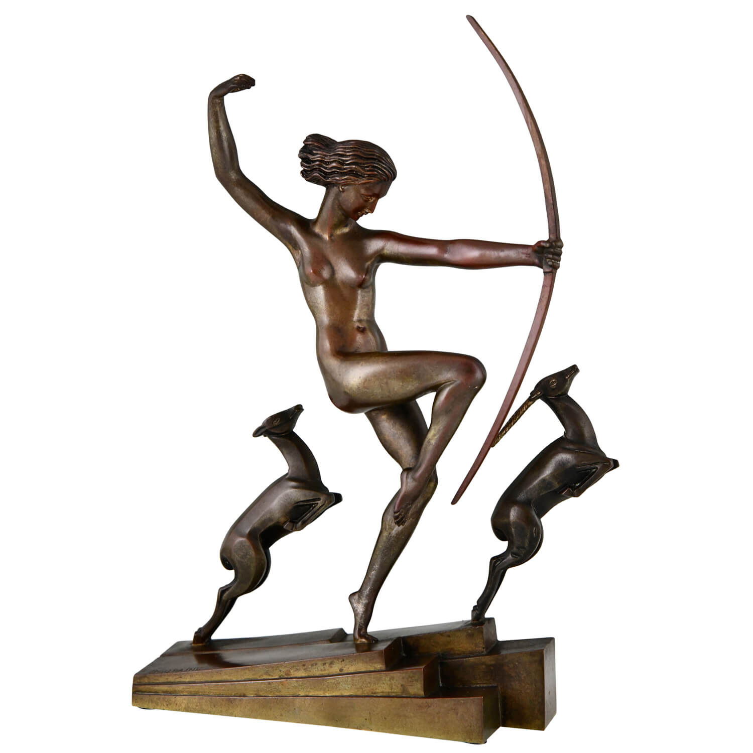 Art Deco bronze sculpture Bouraine Diana with fawns