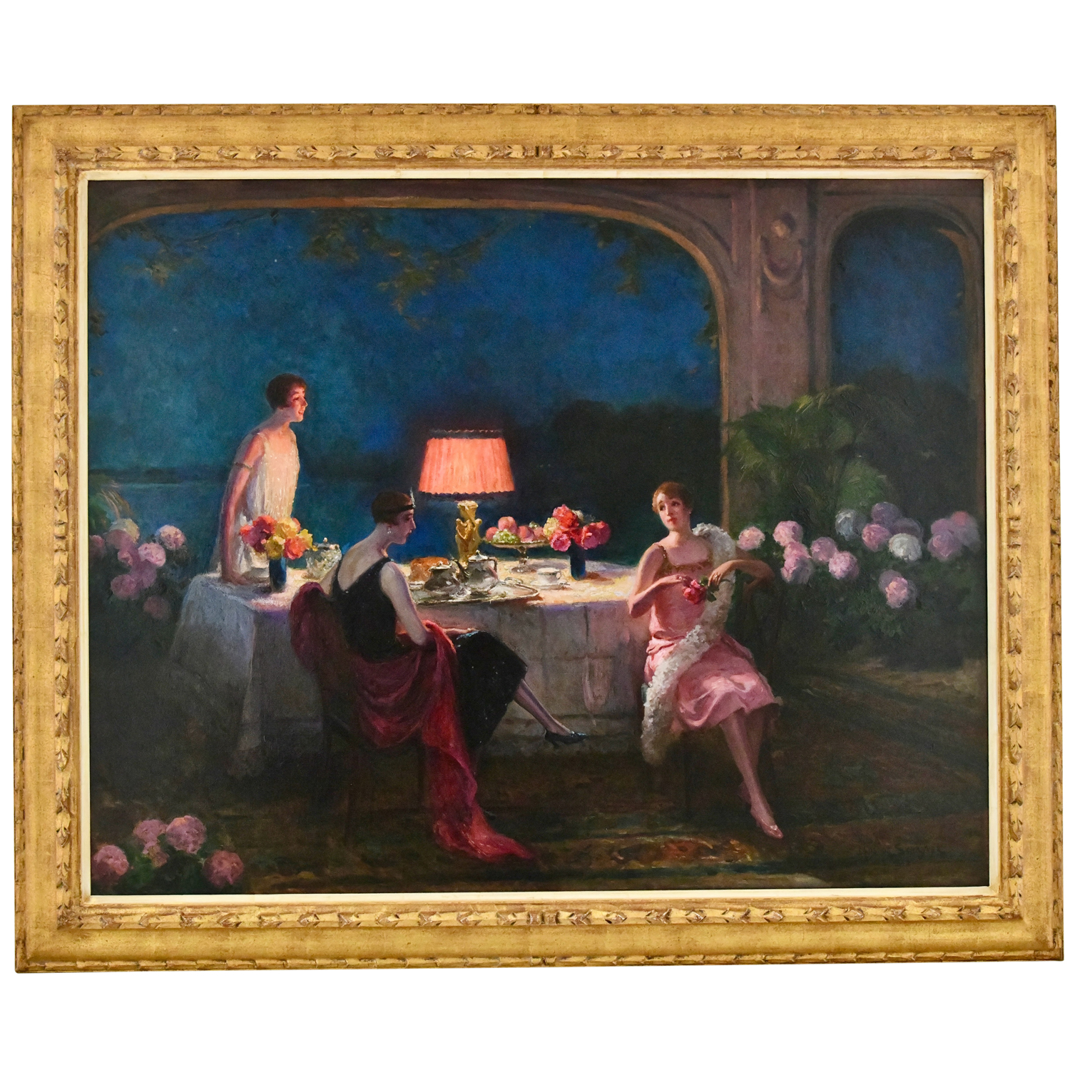 Art Deco painting ladies interior Louis De Schryver - tea time
