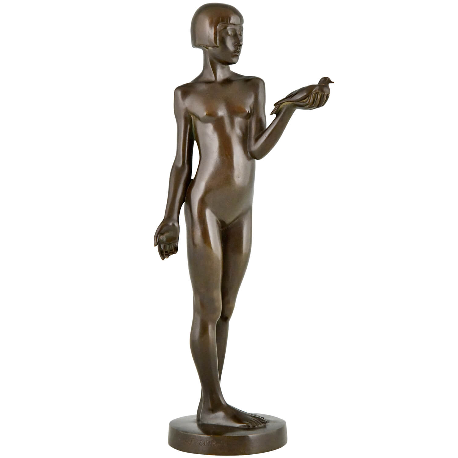 Henry Arnold Art Deco sculpture nude with dove bronze Deconamic