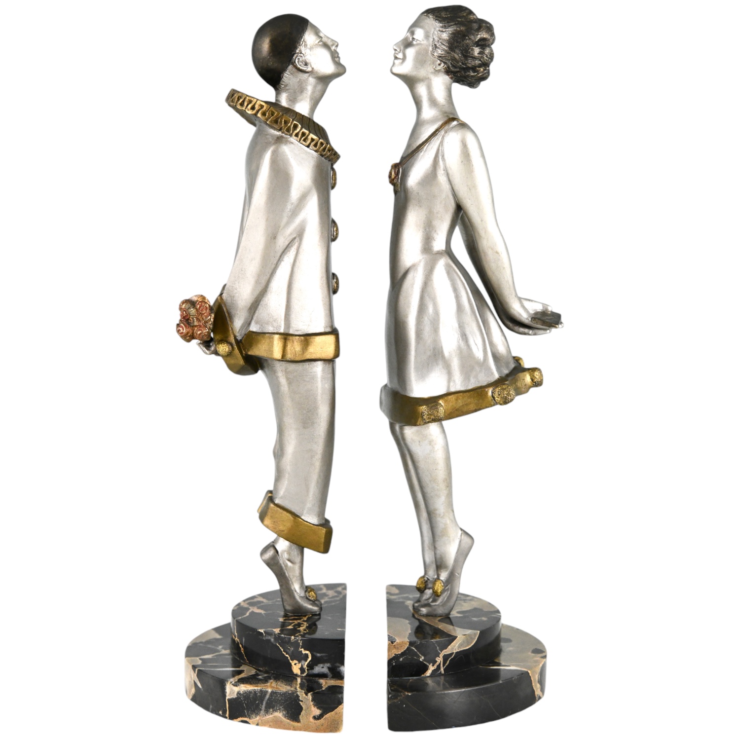 Bouraine Art Deco bronze bookends Pierrot & girl FLIRT -Deconamic