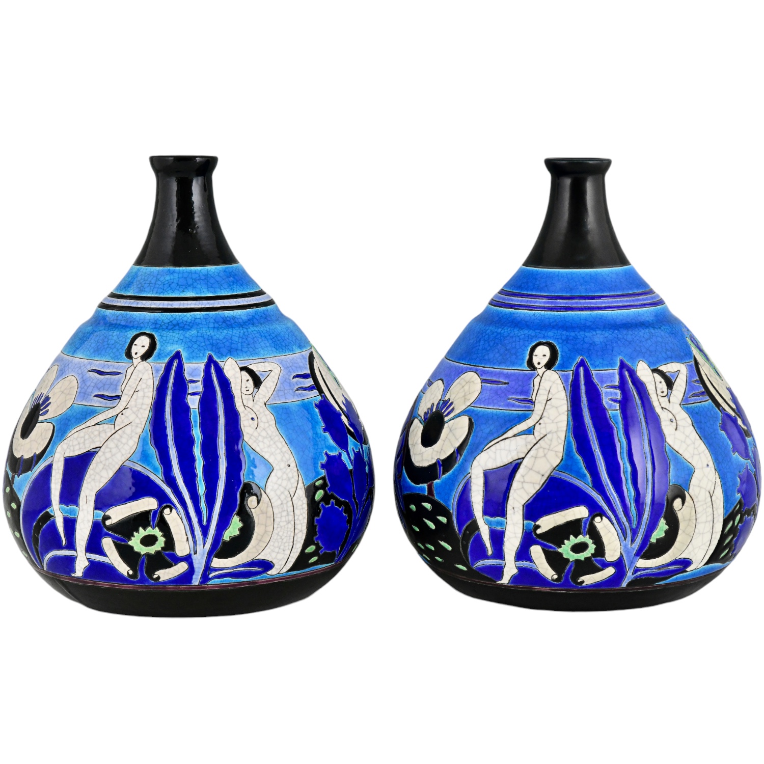 Pair of Art Deco ceramic vases with nudes BAIGNEUSES. - Deconamic